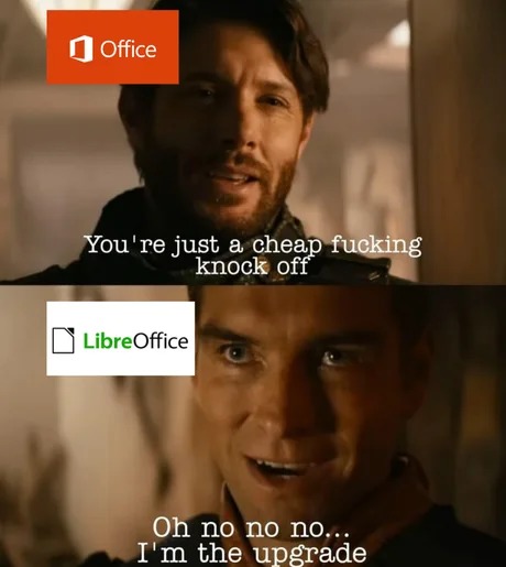 Meme sur The Boys qui montre Soldier Boy en tant que MSOffice et Homelander en tant que LibreOffice, qui dit qu’il est l’amélioration, et pas une copie bas de gamme.