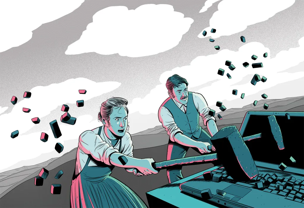 Comic showing two 19th-century-dressed characters breaking a laptop computer with sledgehammers.