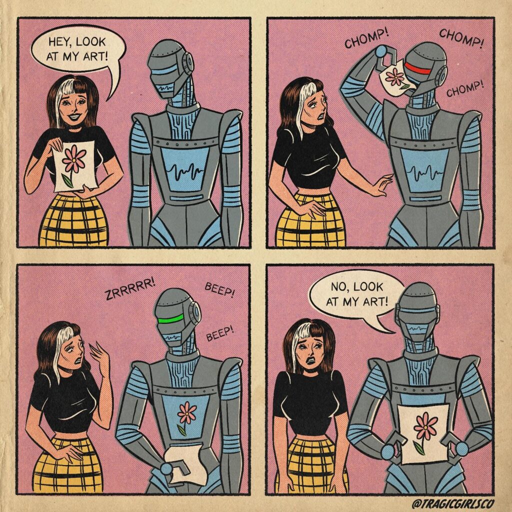 BD en 4 cases montrant un robot qui vole le travail d'une artiste, le mange et le fait passer pour le sien.